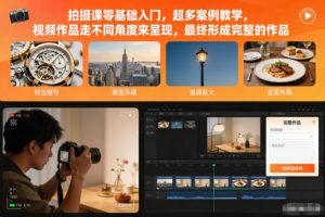 拍攝課零基礎入門，超多案例教學，視頻作品走不同角度來呈現，最終形成完整的作品